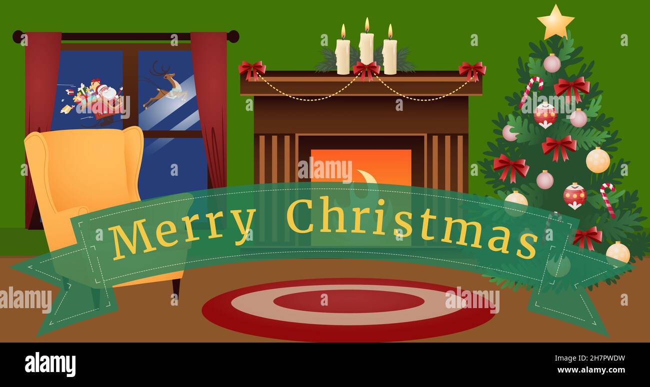 Immagine digitale composita di albero decorato da camino e sedia con allegro testo di natale Foto Stock