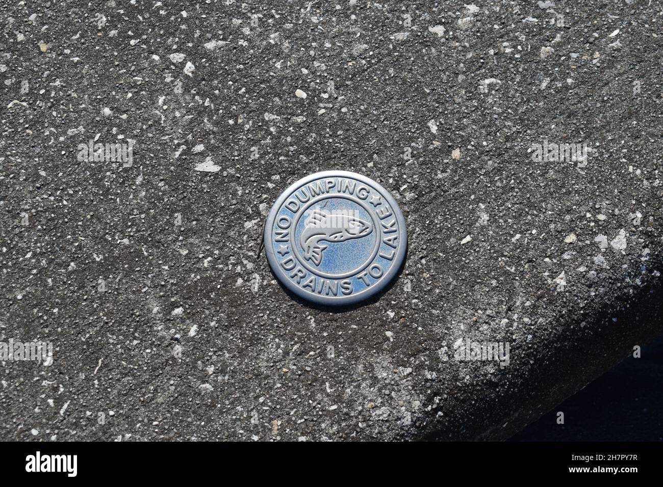 Un medaglione sul terreno proibisce lo scarico nelle fogne delle tempeste. Foto Stock