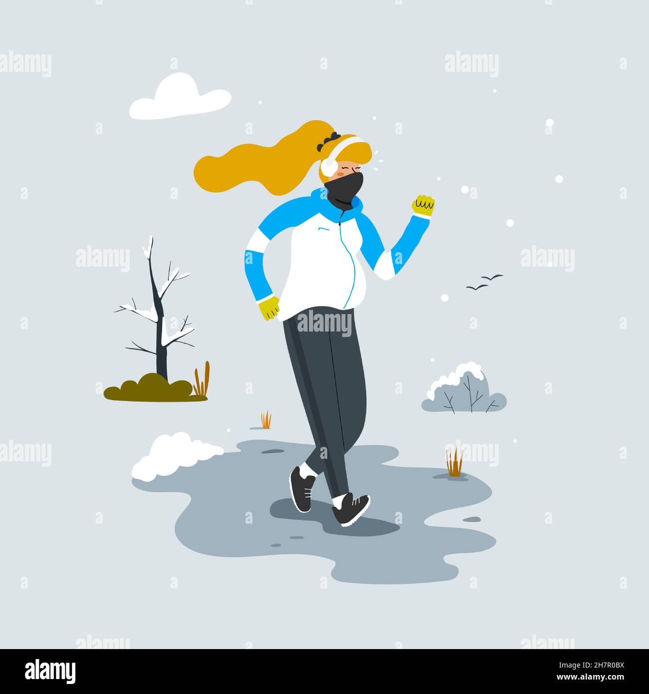 Una donna incinta sta facendo sport. Corsa nel parco in inverno. Moderna illustrazione vettoriale in stile piatto. Illustrazione Vettoriale