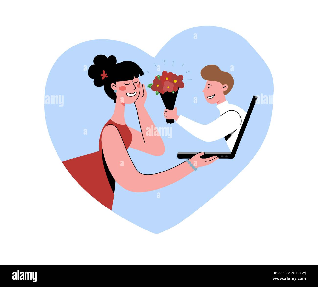 Un uomo confessa il suo amore ad una donna. Sito di incontri, due singole persone hanno trovato vero amore attraverso Internet. Illustrazione piatta vettoriale. Illustrazione Vettoriale