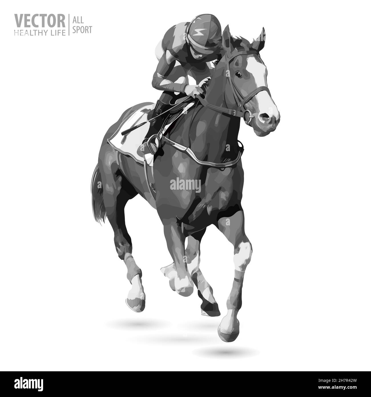 Jockey da corsa a cavallo. Sport. Campione. Pista. Equestre. Derby. Immagine in bianco e nero. Illustrazione vettoriale Illustrazione Vettoriale
