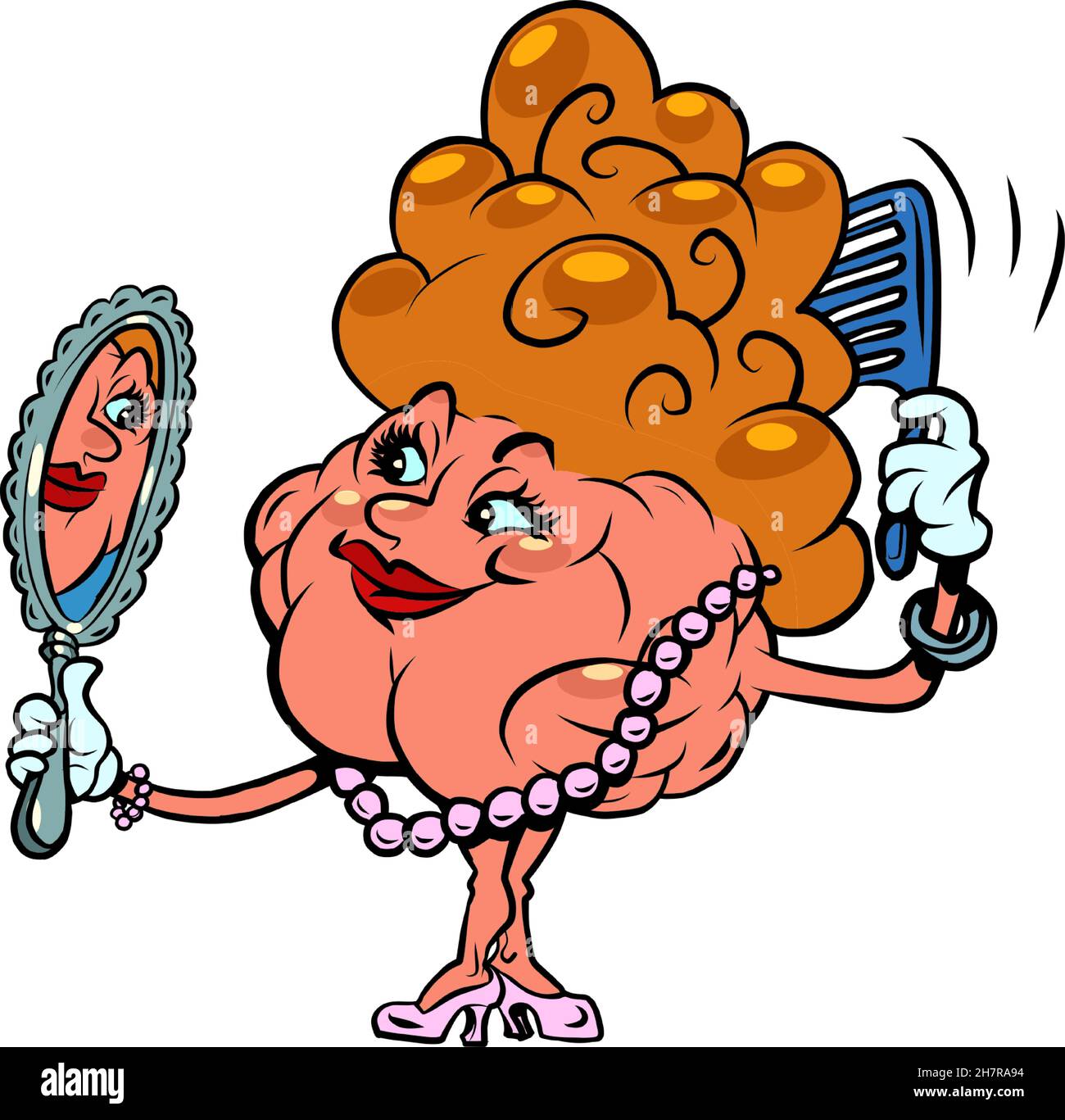 una donna pettina i capelli con un pettine cervello umano, intelligente saggio Illustrazione Vettoriale