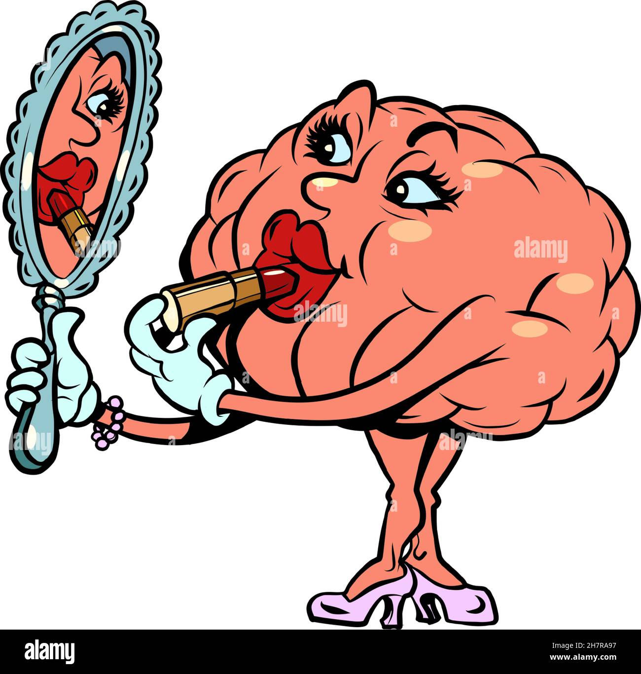 una donna dipinge le sue labbra di fronte ad uno specchio, trucco umano cervello carattere, intelligente saggio Illustrazione Vettoriale
