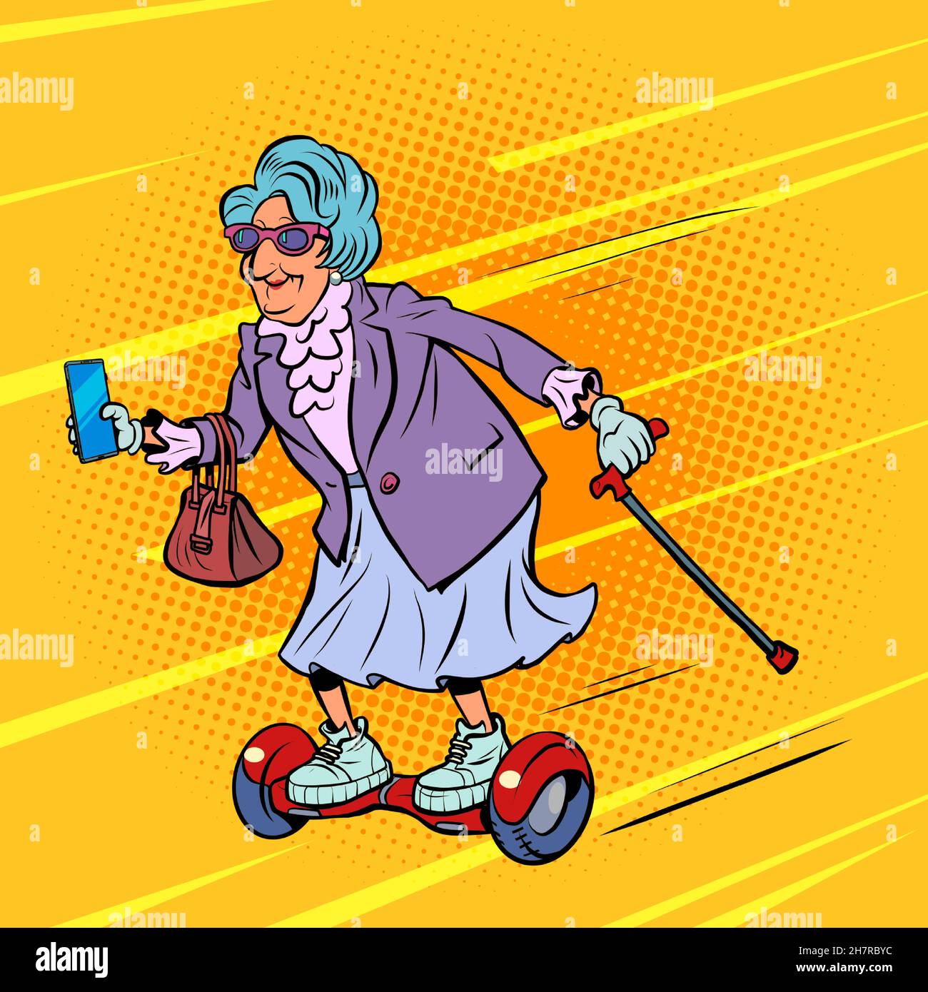la nonna corre uno scooter giroscopico, ricreazione attiva degli anziani. Sport di strada Illustrazione Vettoriale