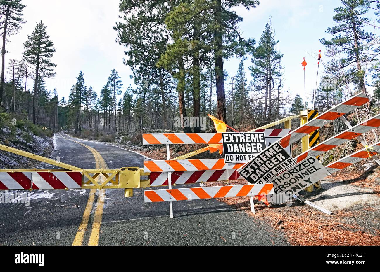 La chiusura di una strada impedisce ai visitatori di visitare la pittoresca Old McKenzie Highway nelle Cascade Mountains dell'Oregon durante i mesi invernali. La strada non è principale Foto Stock