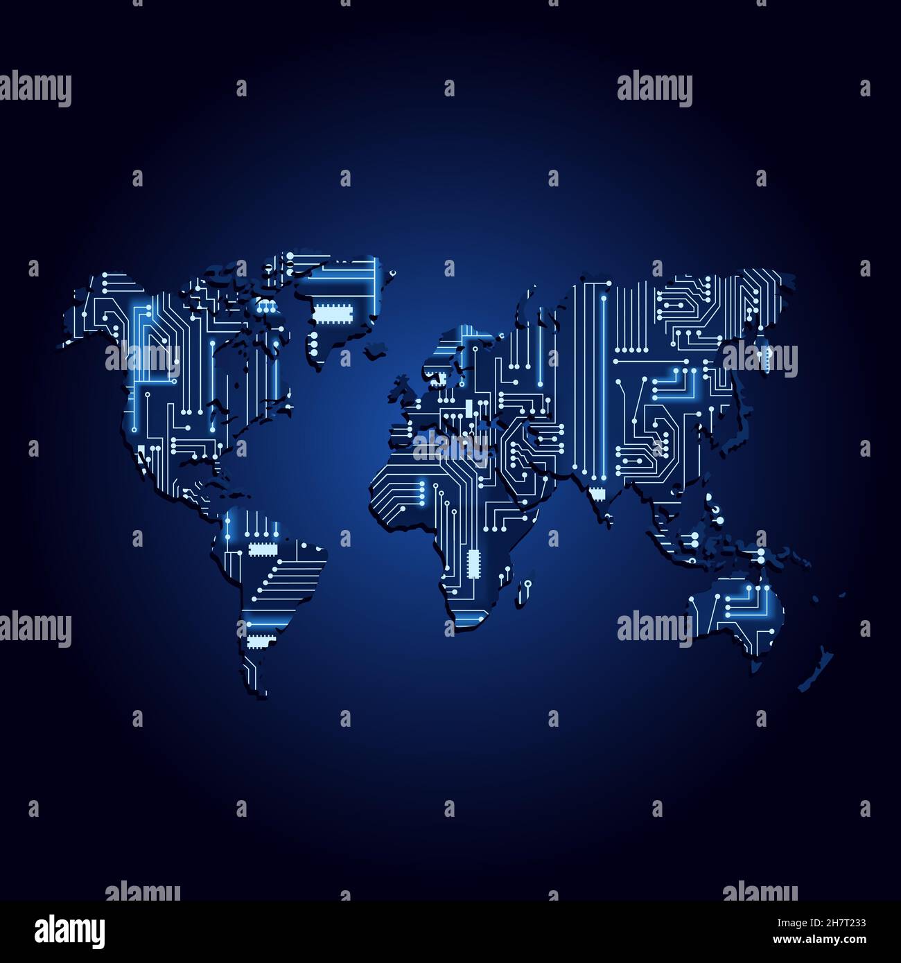 Mappa del mondo 5G con circuito elettronico. Sfondo blu e sfumato. Illustrazione Vettoriale