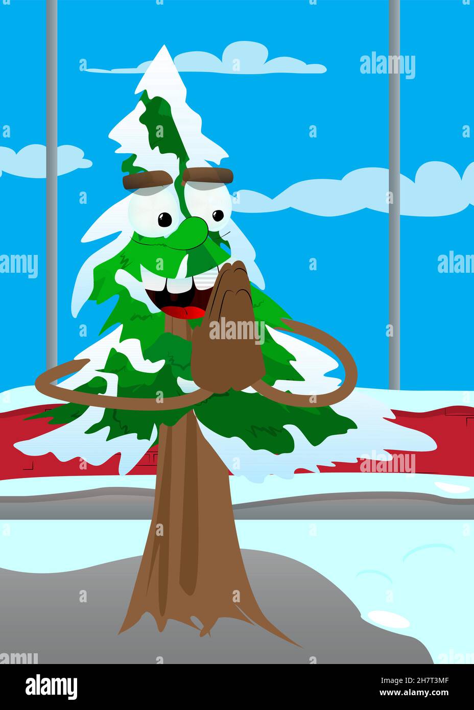 Cartoni animati di pino d'inverno con facce con mani in preghiera. Alberi di foresta carini. Neve sul personaggio cartoon pino, divertente illustrazione vettoriale vacanza. Illustrazione Vettoriale