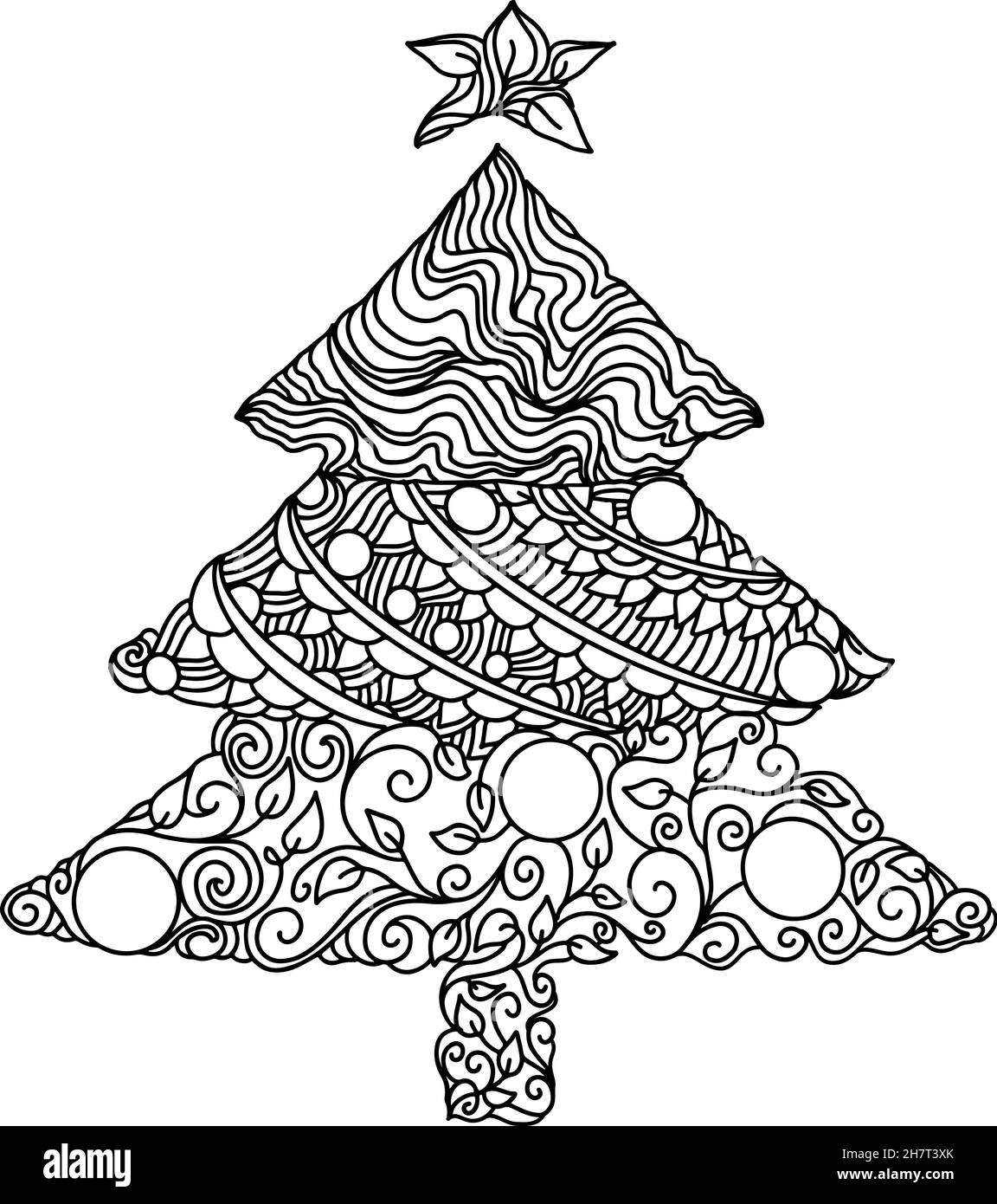 Doodle sfondo albero di Natale con palle di natale. Illustrazione vettoriale. Illustrazione Vettoriale