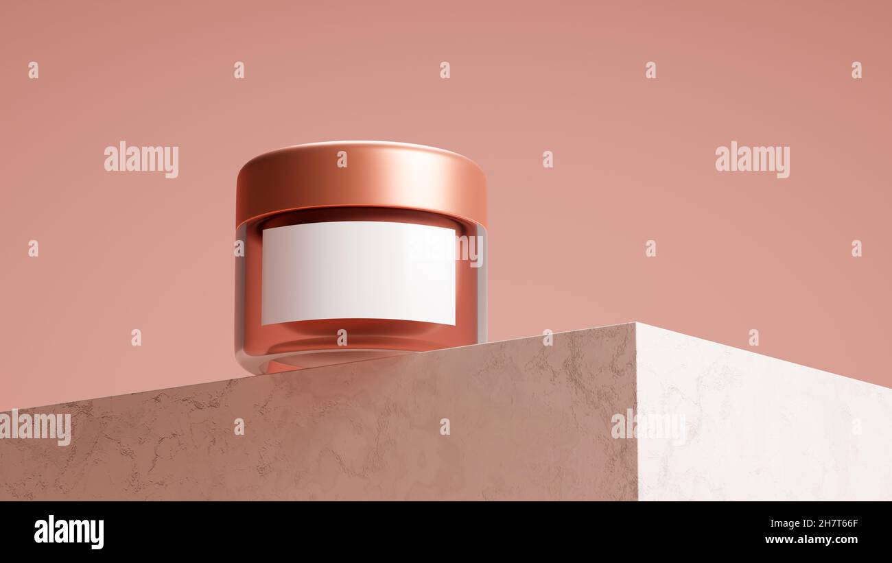 Un vasetto di crema mockup su piedistallo in marmo su sfondo rosa, mockup per la cura della pelle. rendering 3d, illustrazione 3d Foto Stock