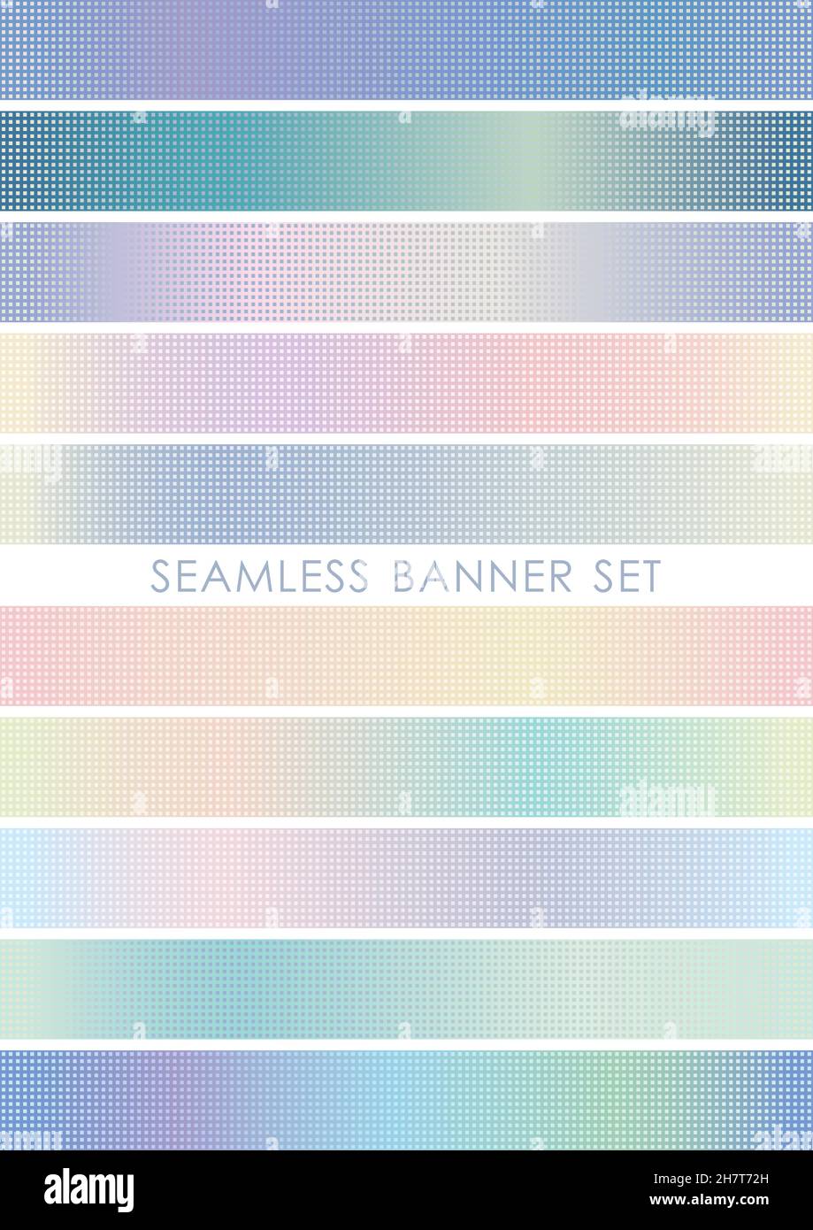 Set di banner senza giunture con pattern di puntini astratti isolati su sfondo bianco, illustrazione vettoriale. Ripetibili orizzontalmente e verticalmente. Illustrazione Vettoriale