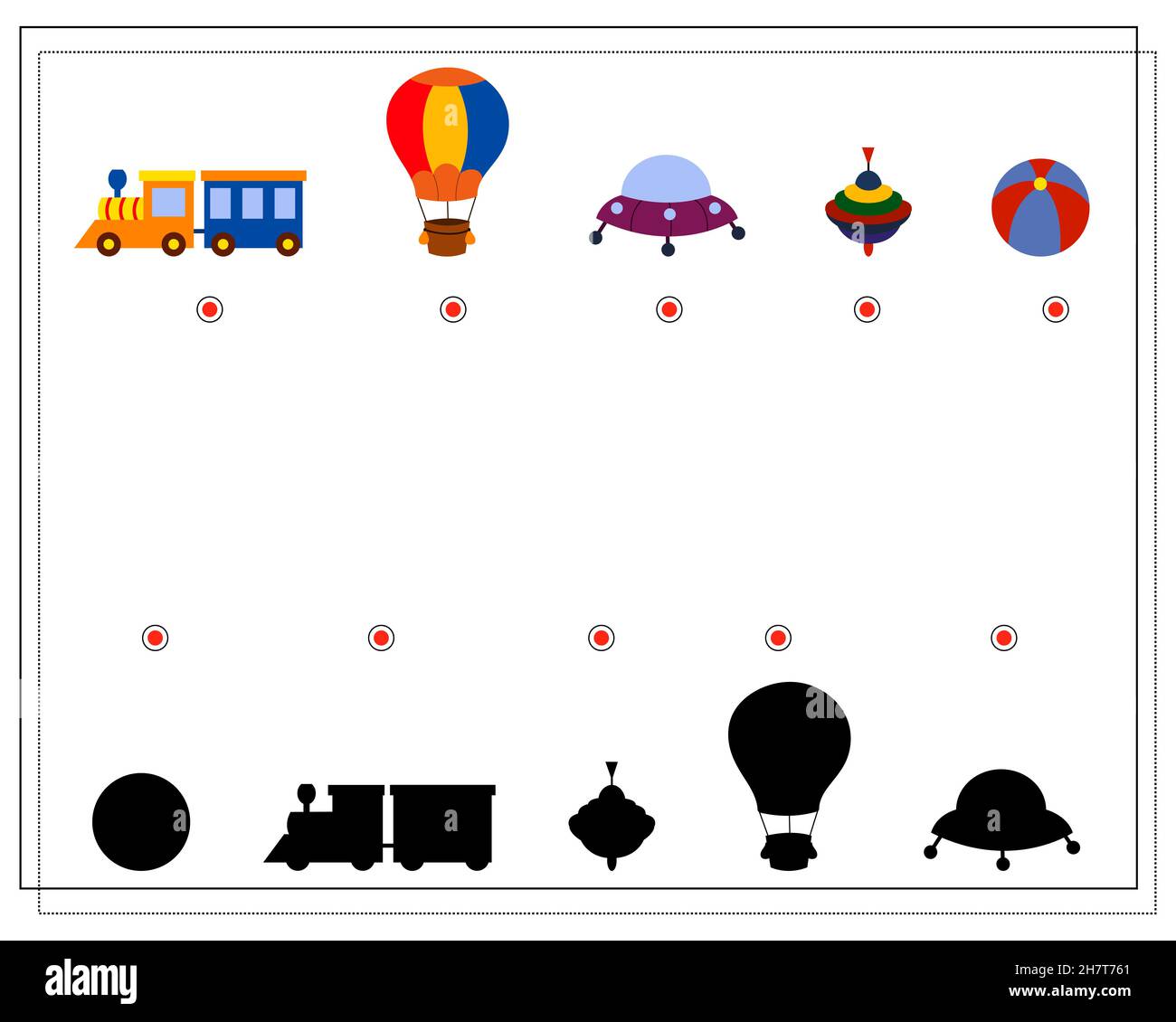 Giochi di logica per bambini, trovare l'ombra giusta. Giocattoli per bambini, una palla, un pallone, un treno. Vettore Illustrazione Vettoriale