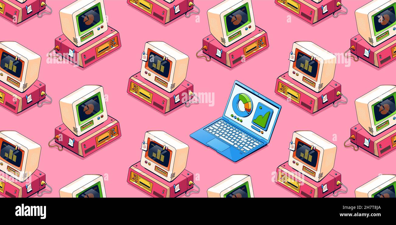 Modello senza cuciture con computer laptop isometrici moderni e computer vintage su sfondo rosa. Tecnologia wallpaper con elementi pc ripetitivi, layout per la progettazione di siti Web, illustrazione 3D Vector line art Illustrazione Vettoriale