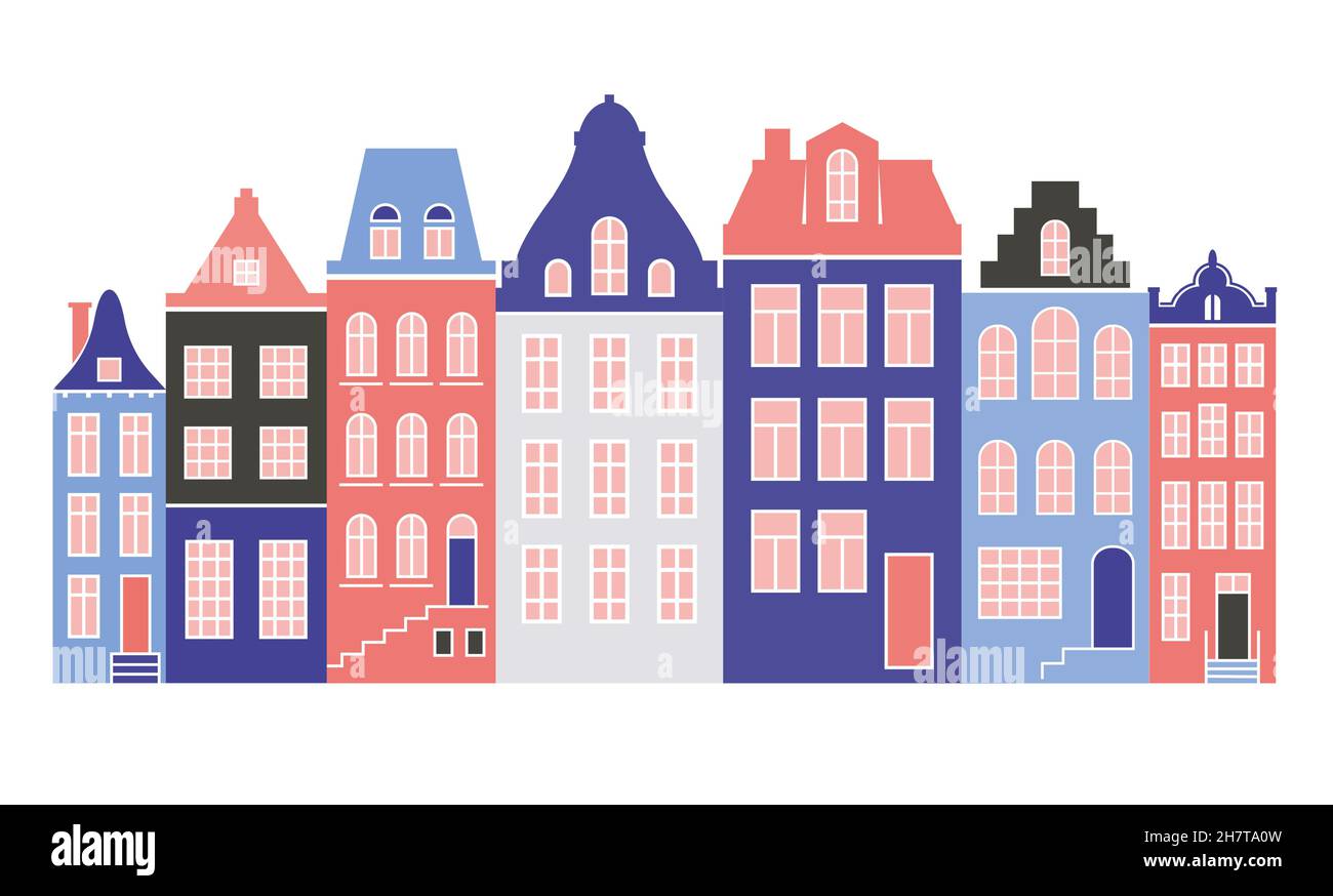 Fila di case in stile Amsterdam. Facciate di vecchi edifici europei per la decorazione natalizia. Illustrazione piatta vettoriale Illustrazione Vettoriale
