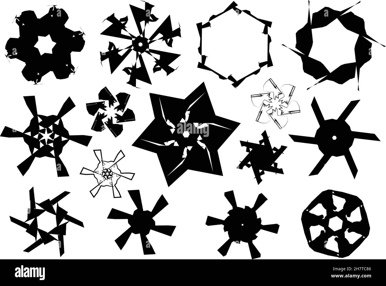 Stelle in bianco e nero e fiocchi di neve forme isolate su sfondo bianco, set di illustrazioni vettoriali, collezione di icone vettoriali Illustrazione Vettoriale
