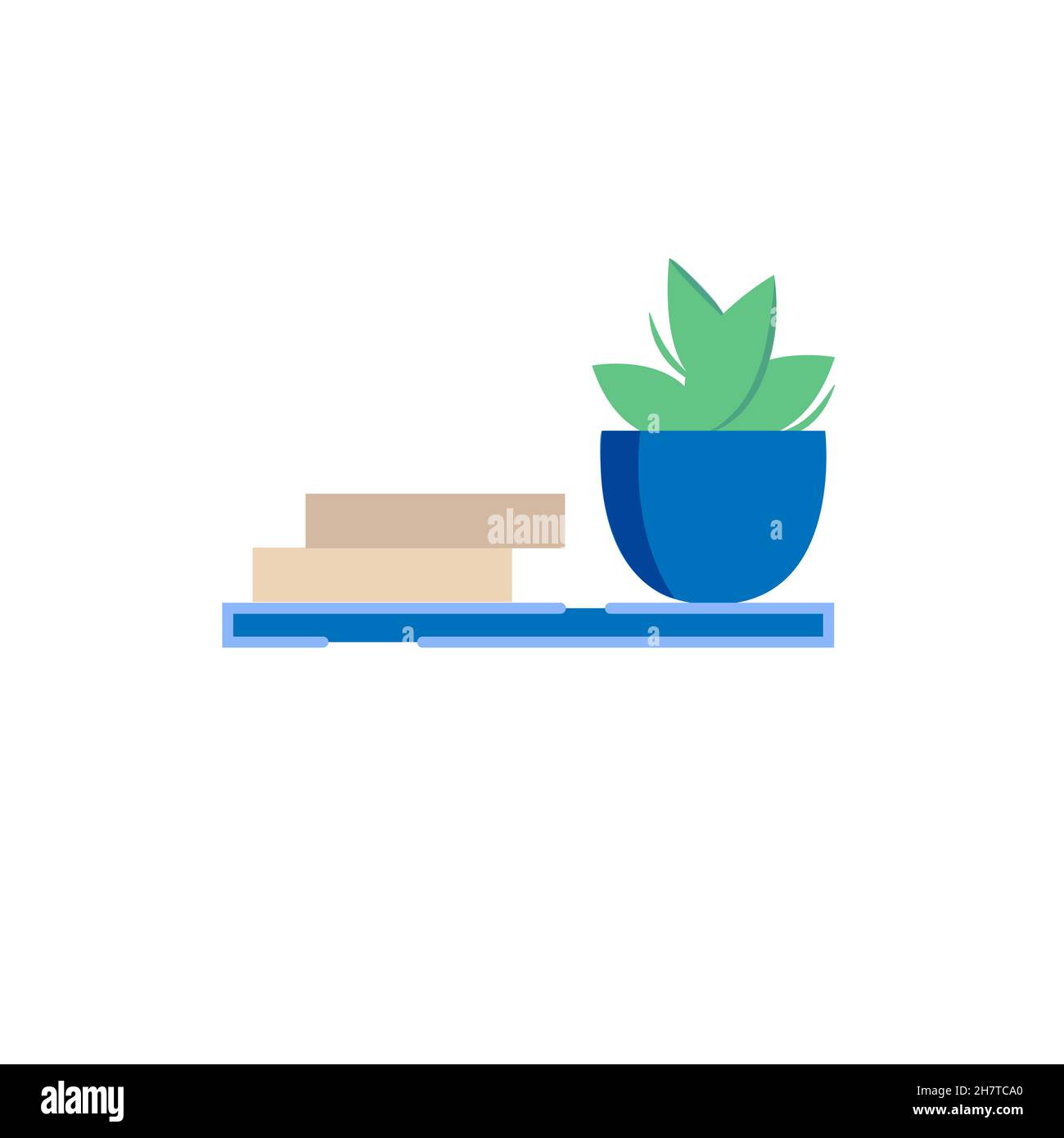 Libri cartoni animati piani con pianta domestica su scaffale, mobili ed elementi interni concetto di illustrazione vettoriale Illustrazione Vettoriale