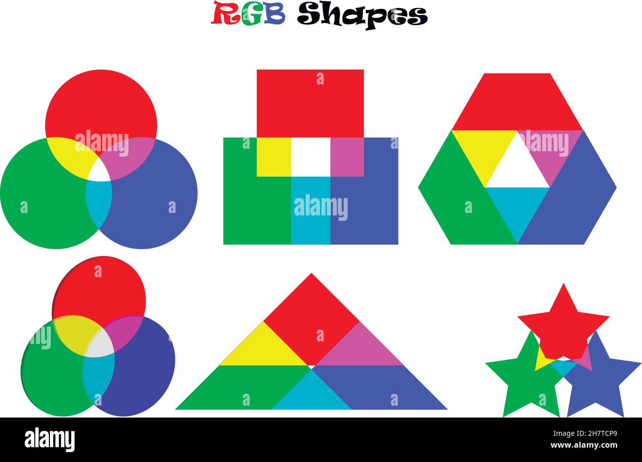 Illustrazione vettoriale di forme RGB diverse che mostra la combinazione dei colori principali. Inoltre può essere usato per un test di colorblindness Illustrazione Vettoriale