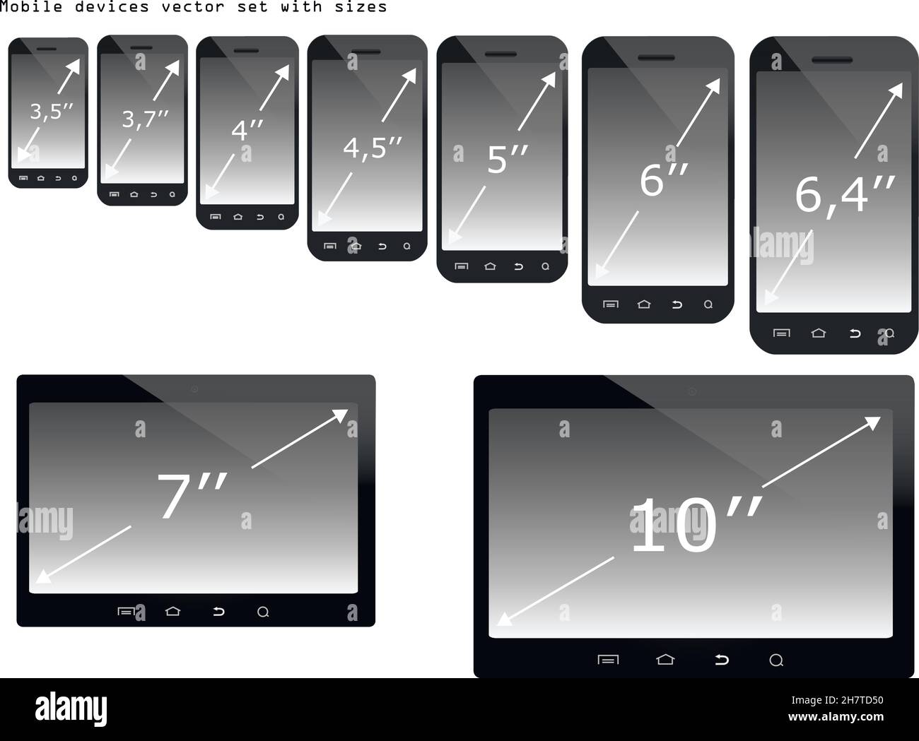 Dispositivi mobili con le dimensioni dello schermo immagine vettoriale  impostata su sfondo bianco. Smartphone e tablet sono inclusi Immagine e  Vettoriale - Alamy