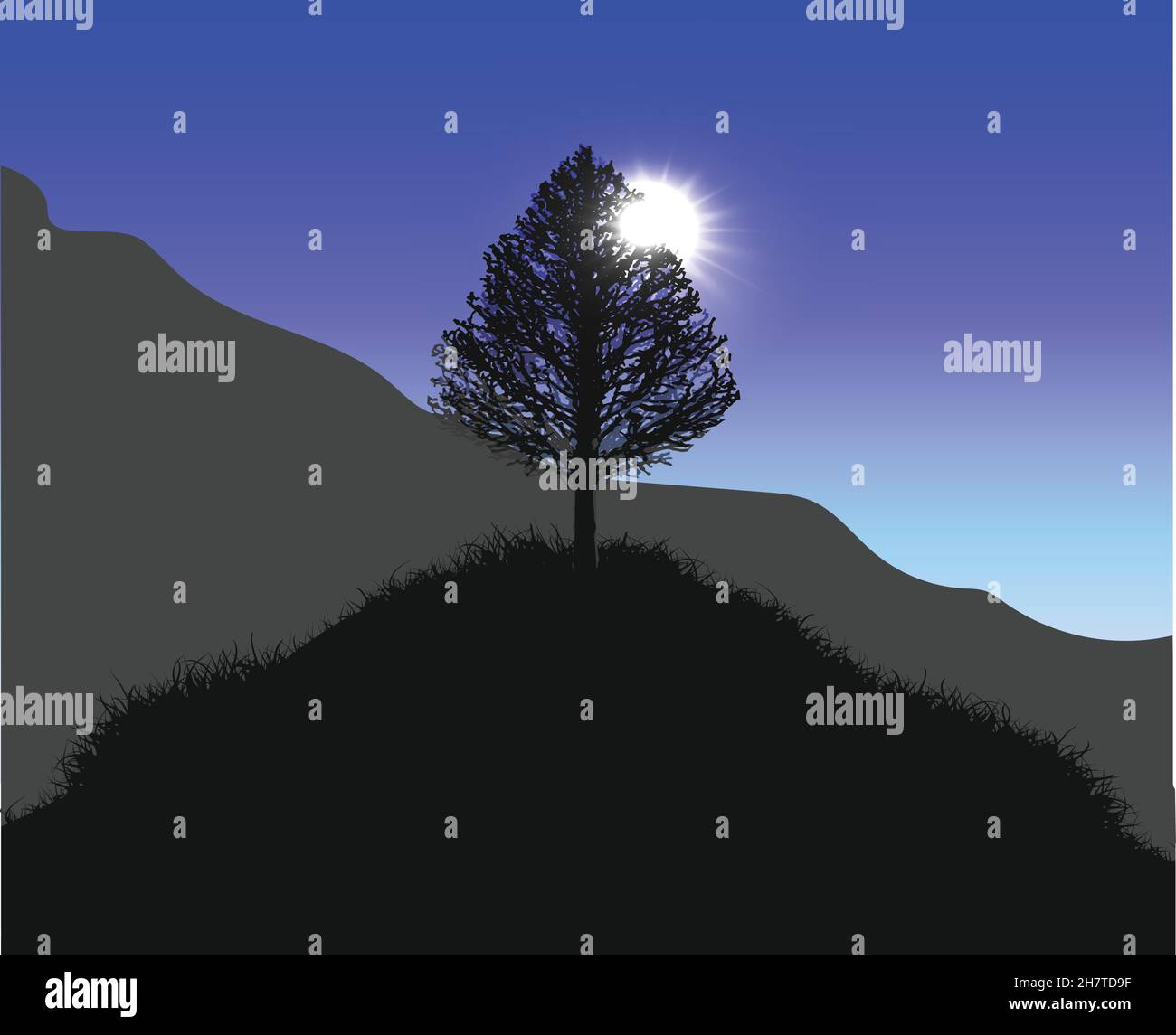 Vector collina con un albero solitario in cima. Colline e montagne ricoperte di erba alle luci del sole Illustrazione Vettoriale