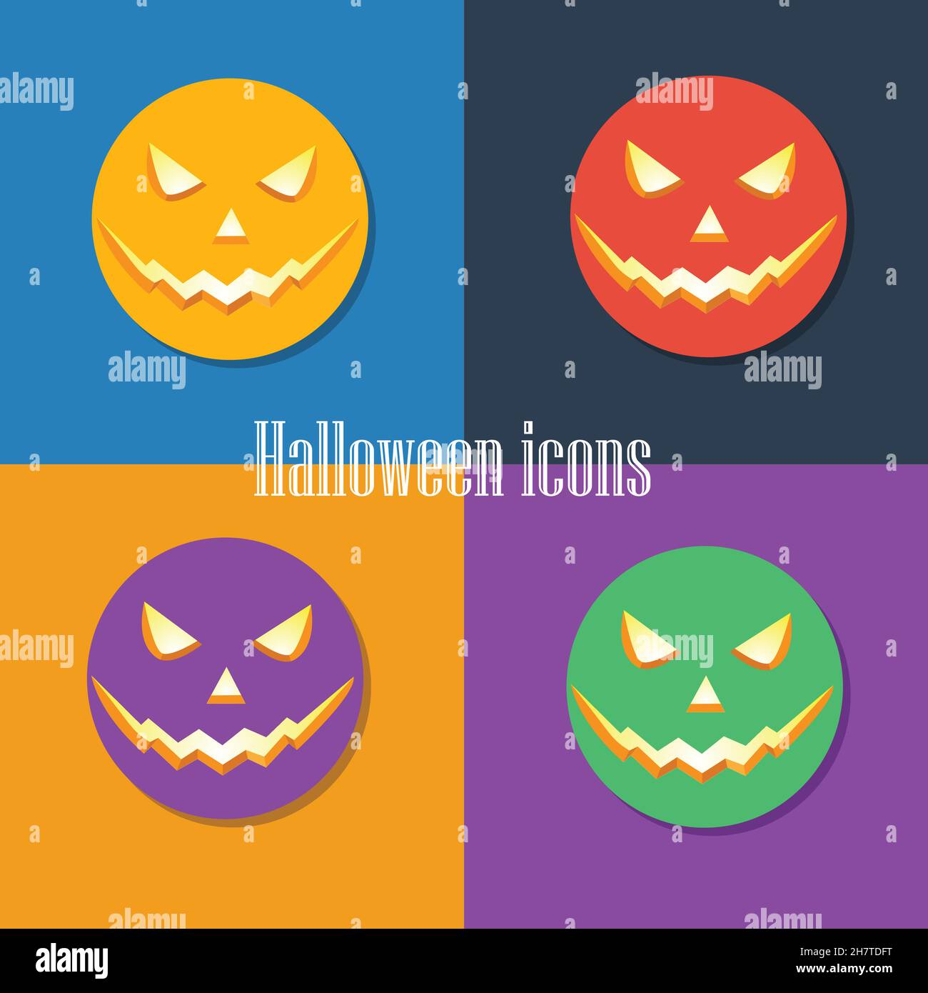 Icone di Halloween, illustrazione vettoriale di stile di disegno piatto. Facce malvagie di zucca Illustrazione Vettoriale