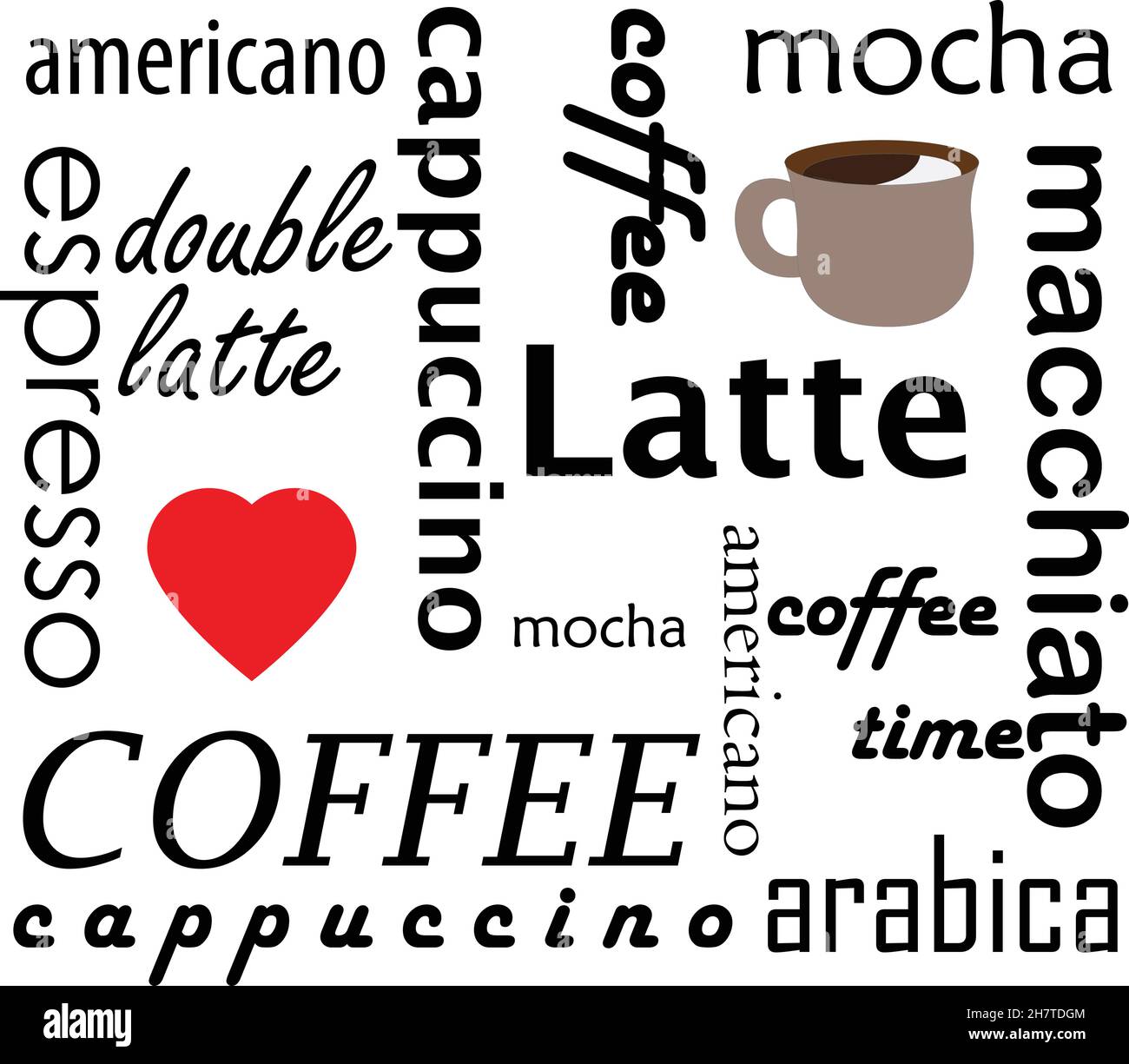 Tipi di caffè bevande calde illustrazione concettuale di fondo, decorazione vettoriale per tazze di caffè e altri scopi pubblicitari Illustrazione Vettoriale