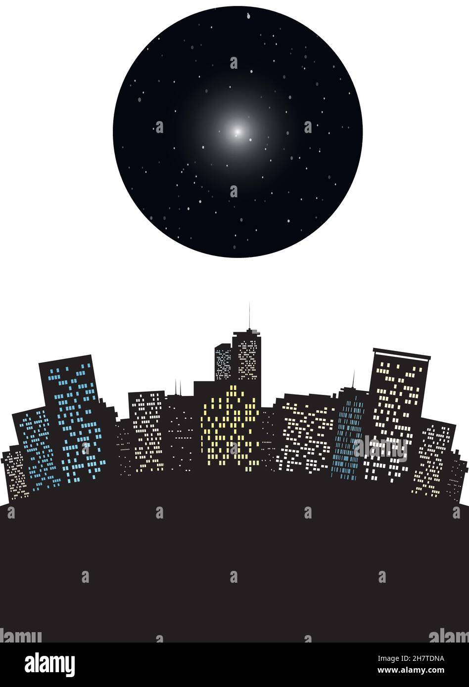 Paesaggio urbano surrealistico con luna scura come cielo con stelle o un buco nero illustrazione vettoriale concettuale Illustrazione Vettoriale