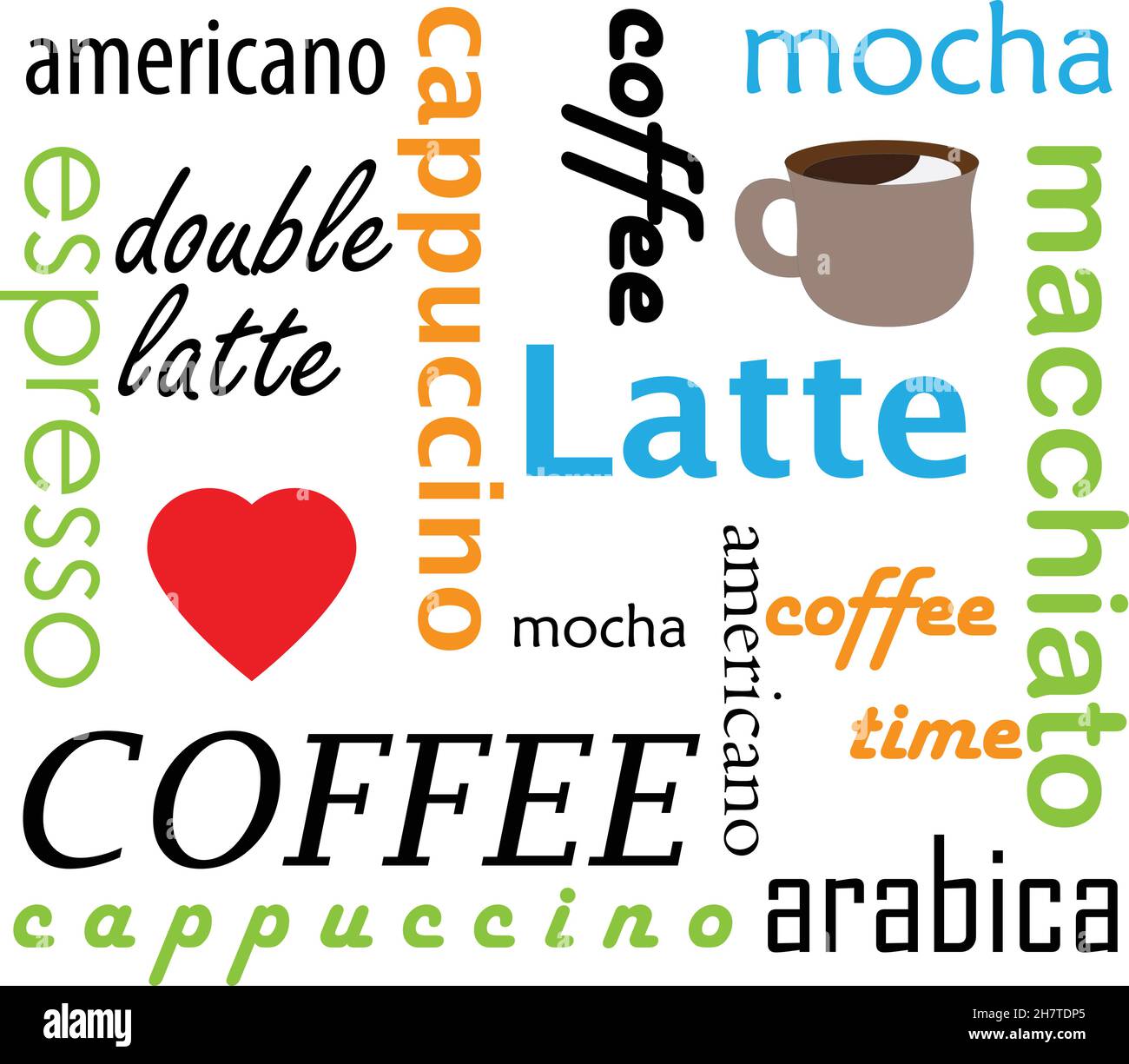 Tipi di caffè bevande calde illustrazione concettuale di fondo, decorazione vettoriale per tazze di caffè e altri scopi pubblicitari Illustrazione Vettoriale