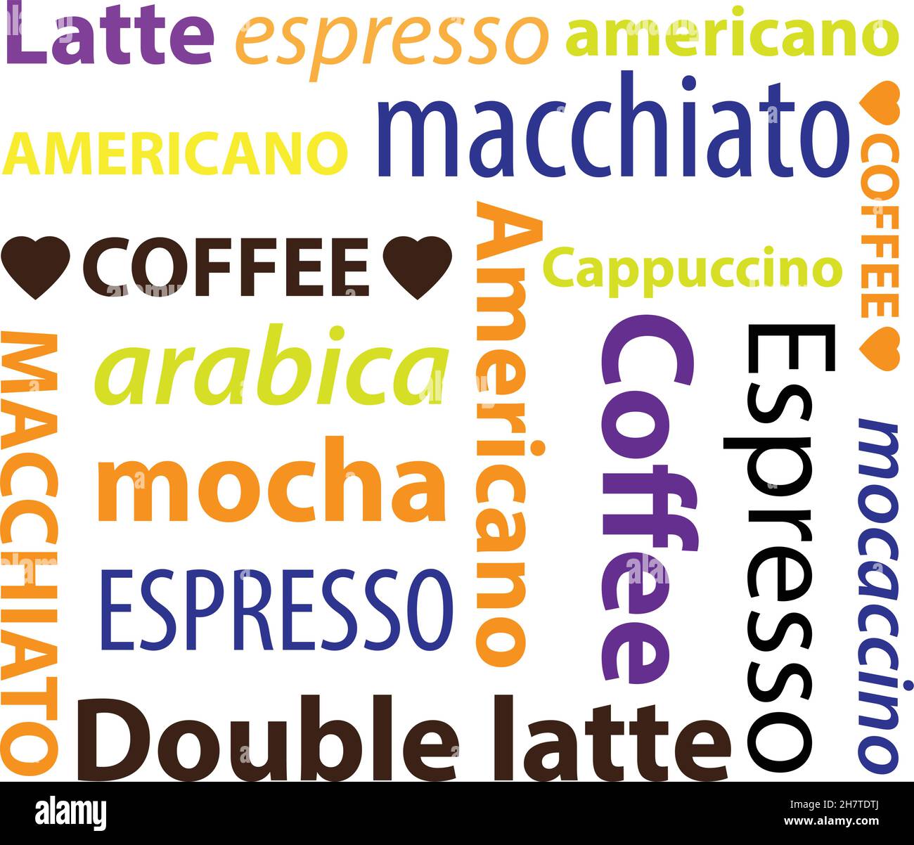 Tipi di bevande calde di caffè, decorazione vettoriale per tazze di caffè e altri scopi pubblicitari Illustrazione Vettoriale