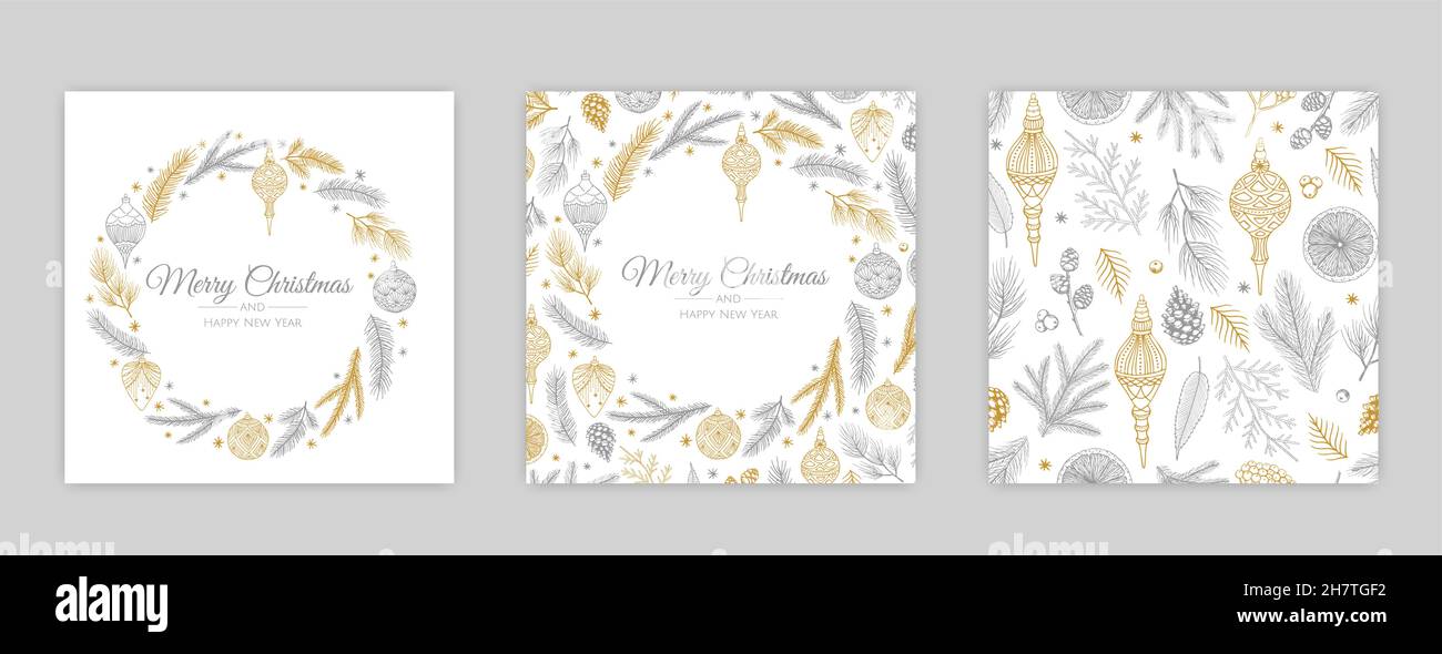 Set di carte di Natale vettoriali. Progettazione di modelli di carte per feste Illustrazione Vettoriale