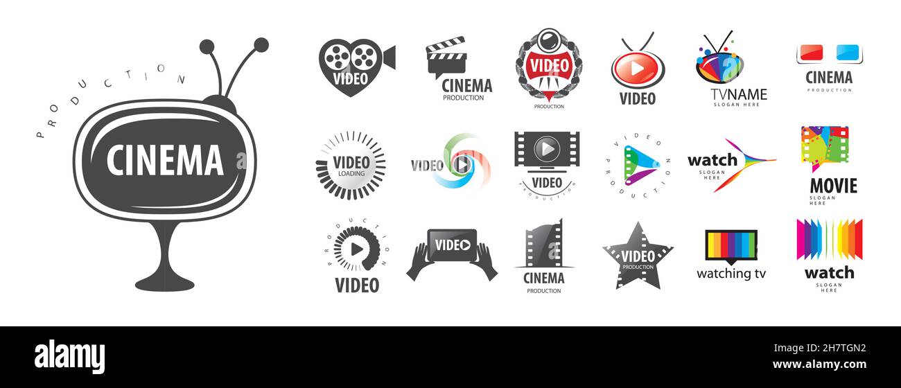 Un set di logo vettoriali per la produzione e la visualizzazione di video su sfondo bianco Illustrazione Vettoriale