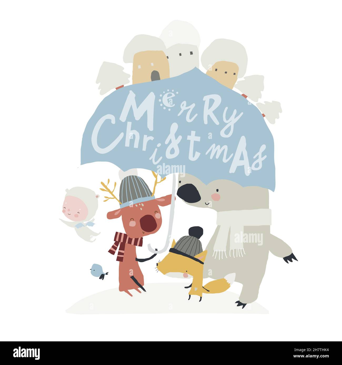 Cartoon Animali felici riunione Inverno sotto Grande ombrello Illustrazione Vettoriale