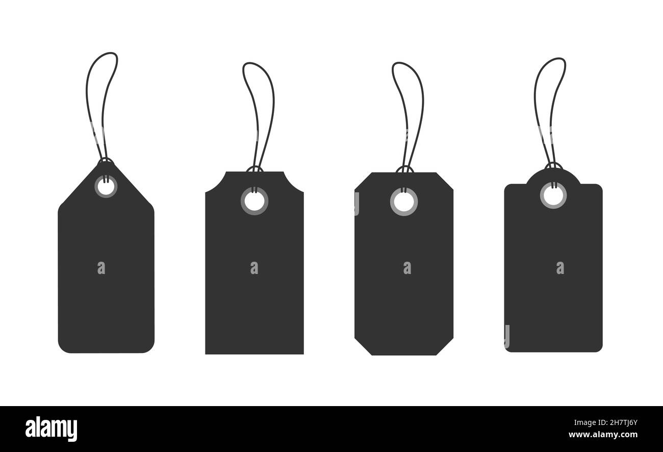Etichette di prezzo in carta nera o etichette regalo in forme diverse. Etichette con cavo. Foto Stock