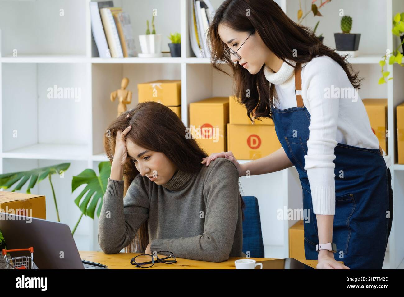 Vendere i prodotti ai proprietari in linea di affari. Due donne sono frustrati con le vendite in linea che non stanno soddisfacendo i loro obiettivi Foto Stock