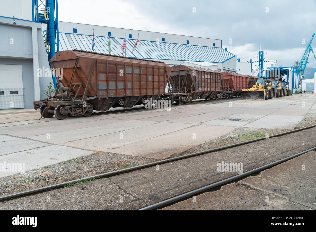 Treni merci, trattori con benne al terminal nel porto Foto Stock