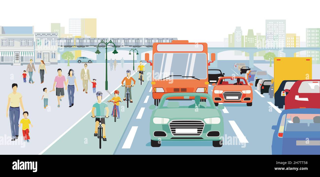 Città con autobus e ciclisti e traffico, illustrazione Illustrazione Vettoriale