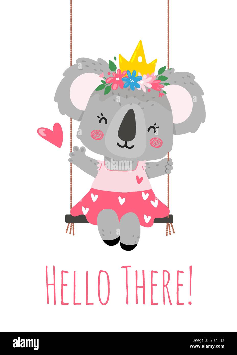 Una principessa koala con una corona e fiori sulla testa in abito carino  siede su un swing e dice ciao.Illustration per una carta, invito, poster,  t-shirt Immagine e Vettoriale - Alamy