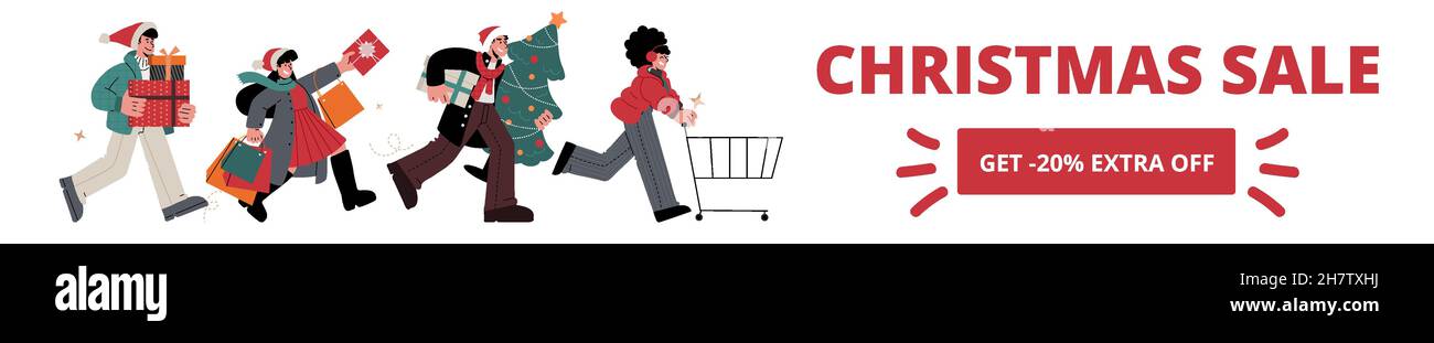 Banner lungo per le vacanze e la vendita di natale con button.Men e le donne funzionano con le borse e carrello, i regali imballati e albero di Natale.Vector flat illu Illustrazione Vettoriale