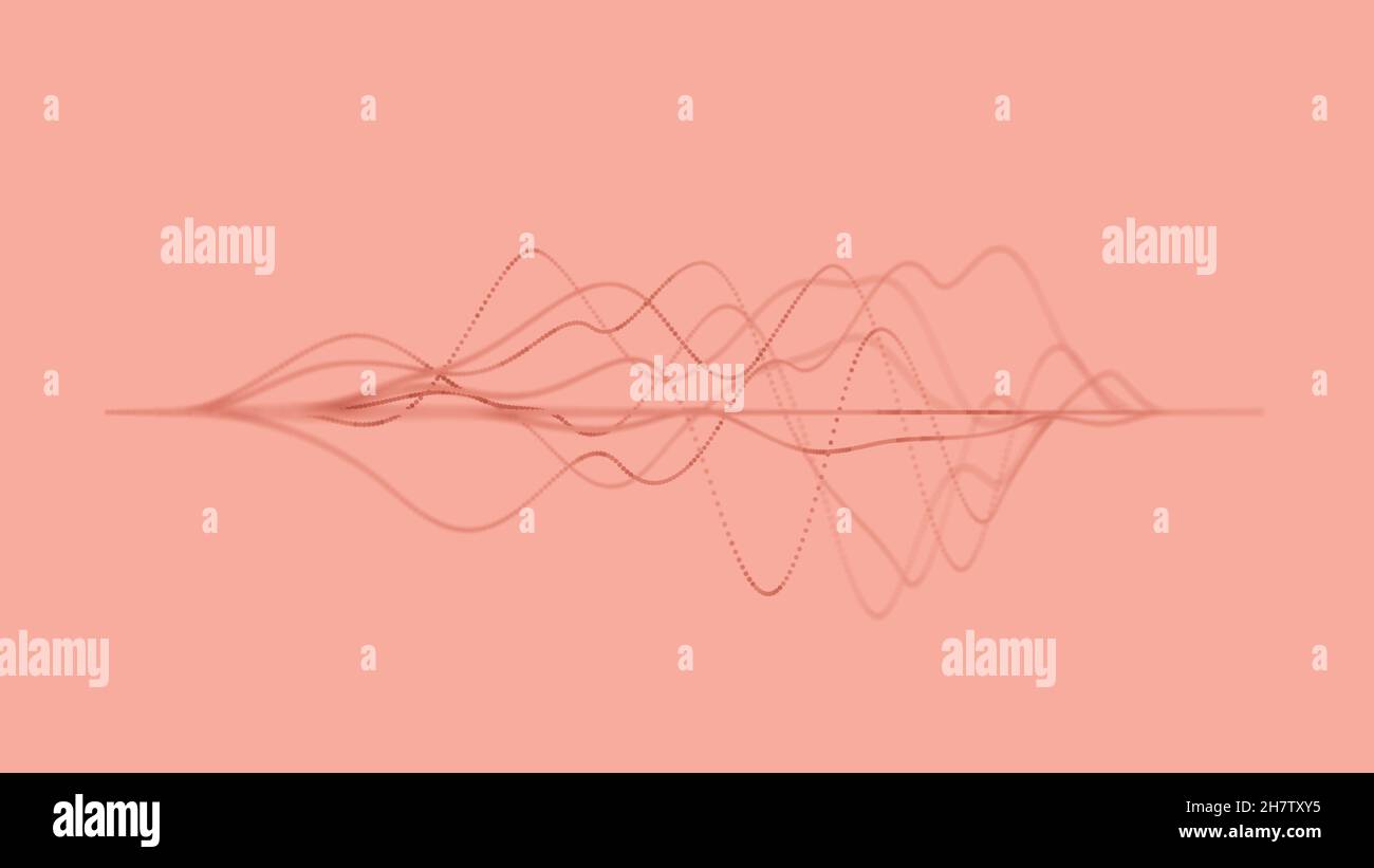 Visualizzazione astratta delle onde sonore con linee punteggiate o particelle su sfondo rosso morbido, carta da parati concettuale minimale Foto Stock