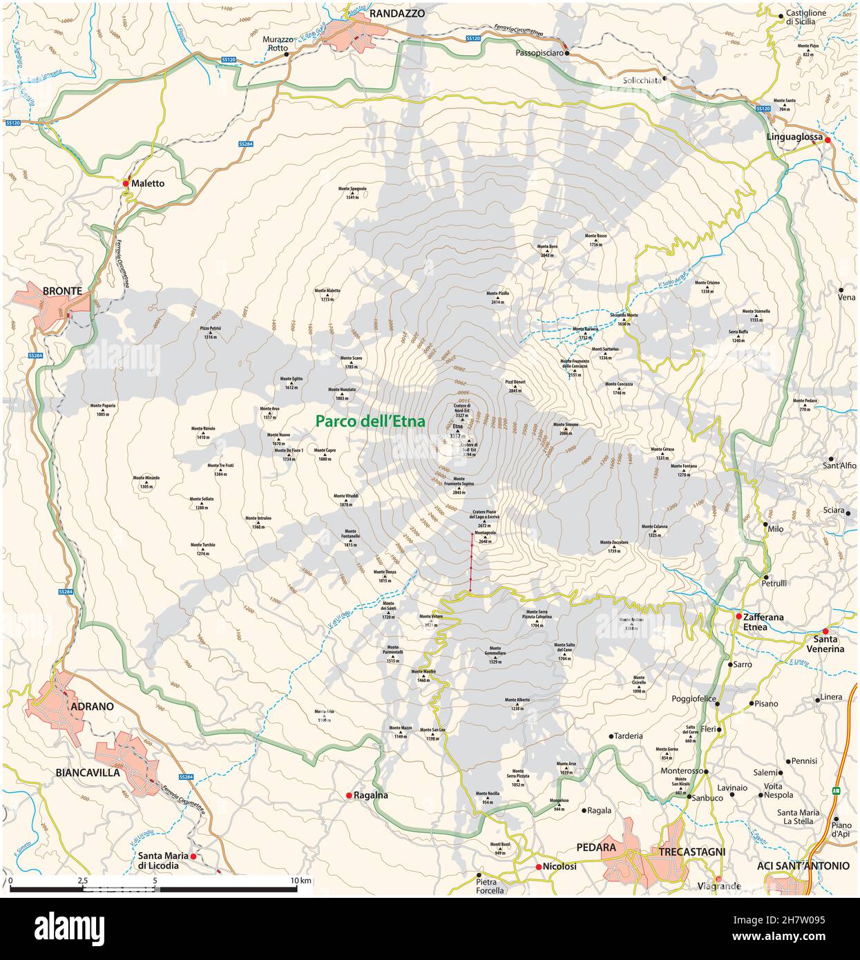 Mappa vettoriale dettagliata del vulcano siciliano Etna, Italia Illustrazione Vettoriale