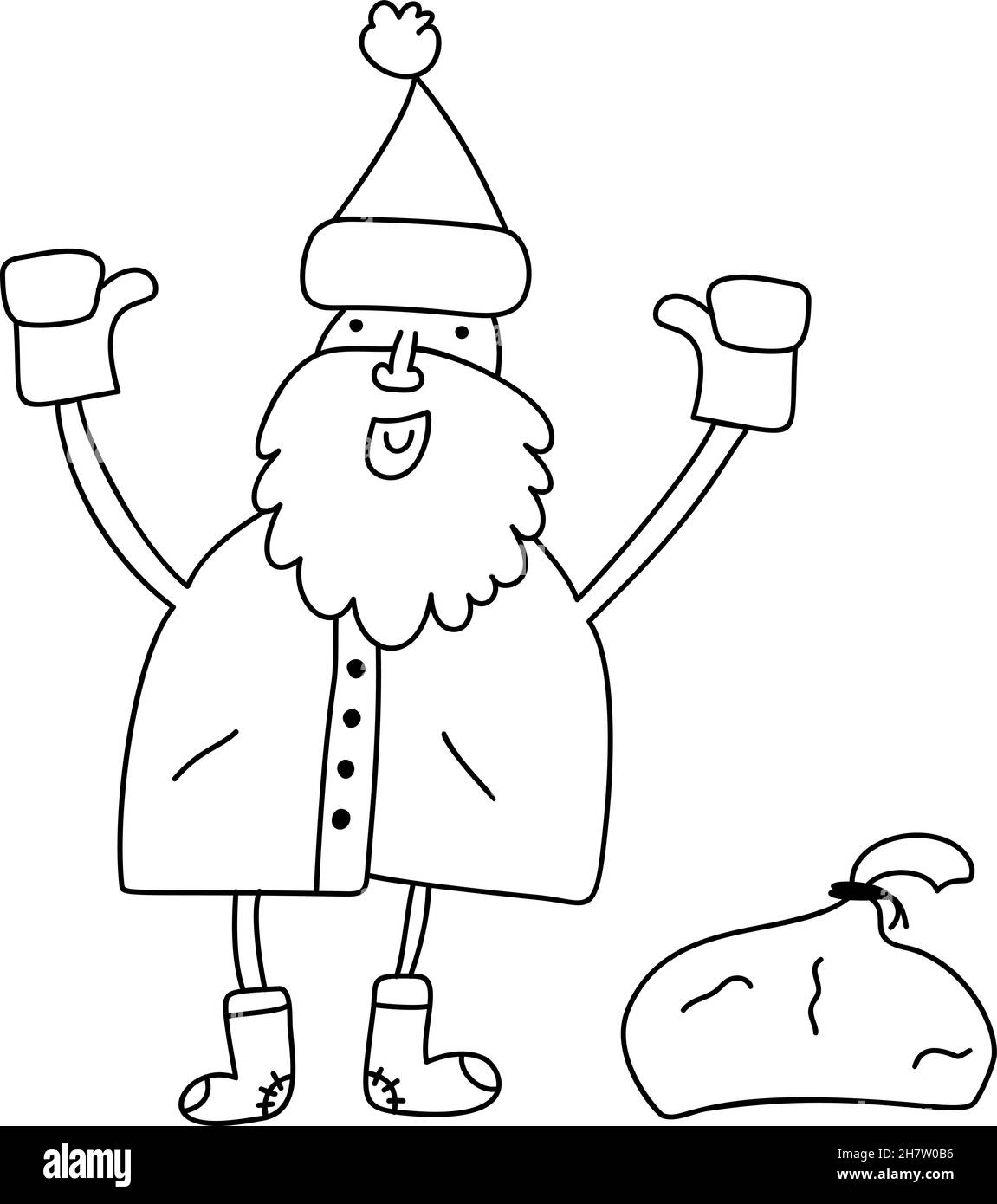 Divertente cartone animato vettore monolina Babbo Natale con borsa regalo. Illustrazione disegnata a mano per poster di Natale e Capodanno, etichette regalo ed etichette Illustrazione Vettoriale