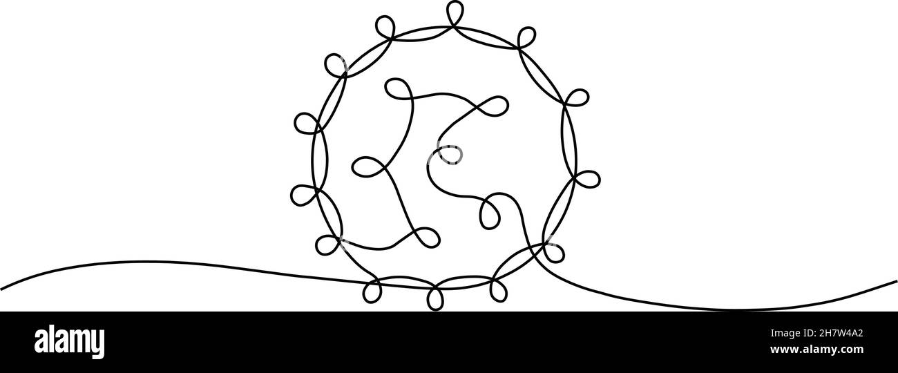 COVID-19 virus Continuous line art, Coronavirus vettore una linea disegno, Corona virus inscritto silhouette, Virus simbolo illustrazione Illustrazione Vettoriale
