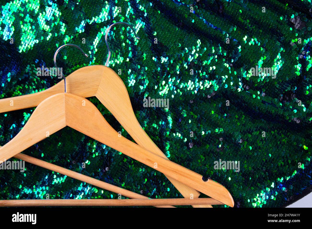 Appendiabiti su sfondo tessuto verde paillettes moda con copyspace. Consupmtion cosciente ed ecologico - servizio di noleggio di vestiti. Lento Foto Stock