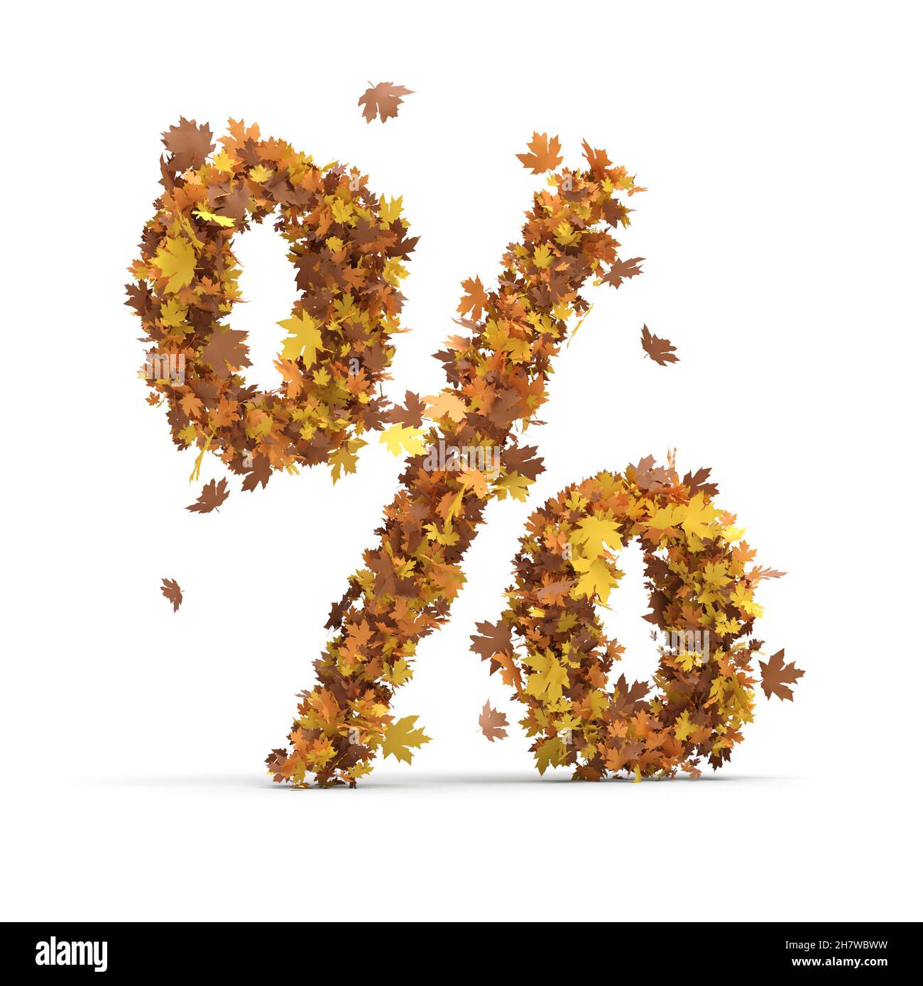 Simbolo 'percentuale' costituito da foglie autunnali su sfondo bianco - rendering 3D Foto Stock
