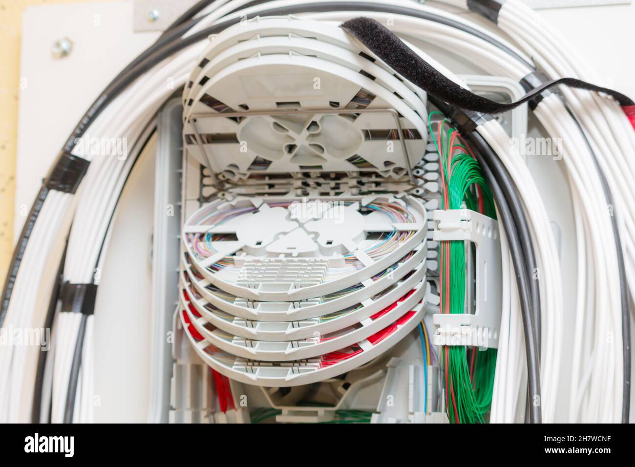 Scatola di distribuzione fibre. Morsettiera FTTH splitter PLC Foto Stock
