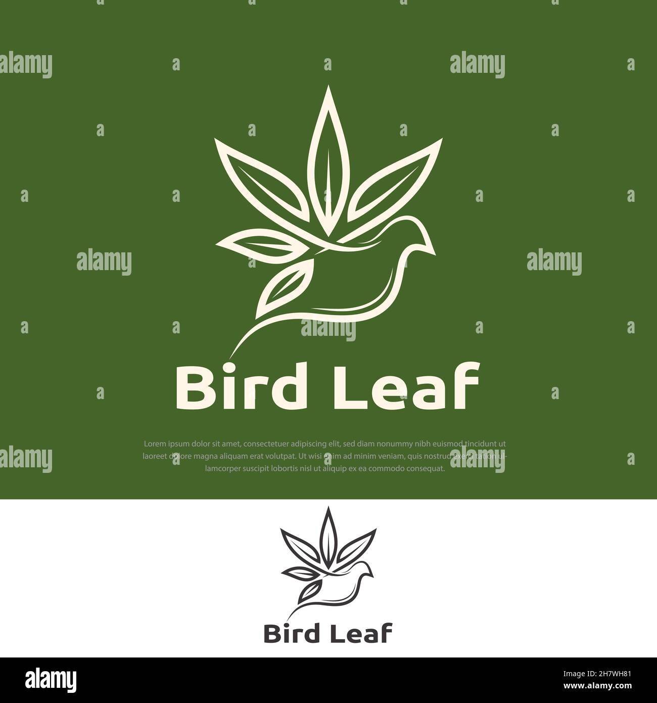 Flying Bird logo linea stile marijuana foglia illustrazione, astratto naturale etichetta disegno modello Illustrazione Vettoriale