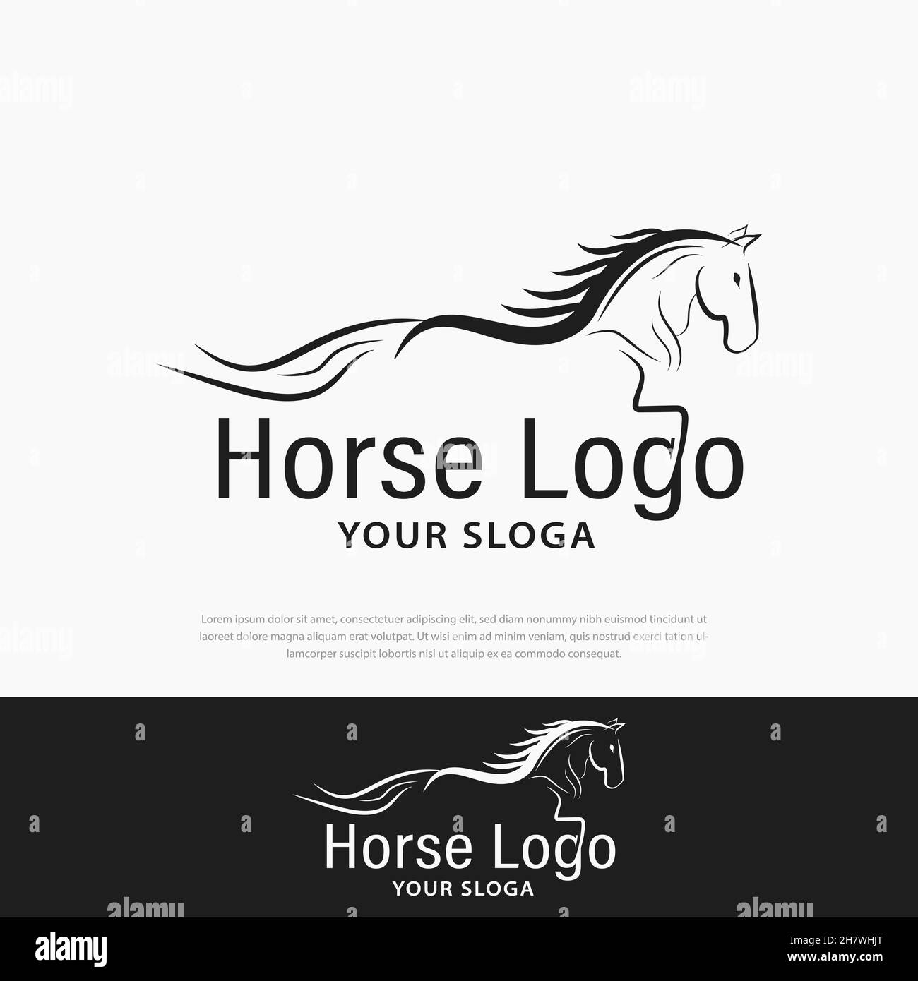 Logo Horse. Stalla, fattoria, Valle, Azienda, Race logo design. Sagome di cavalli, Mustang, stalloni, mascotte, cavalli selvatici, animali arabi per rac Illustrazione Vettoriale