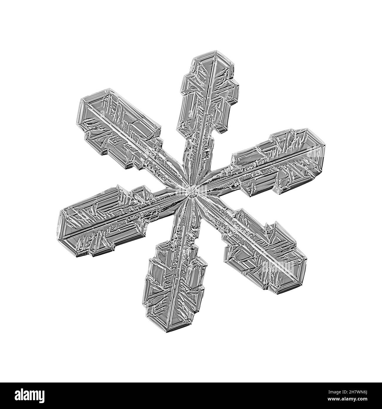 Fiocco di neve nero isolato su sfondo bianco. Illustrazione basata su macro foto di vero cristallo di neve: Elegante stella con braccia corte e larghe Foto Stock