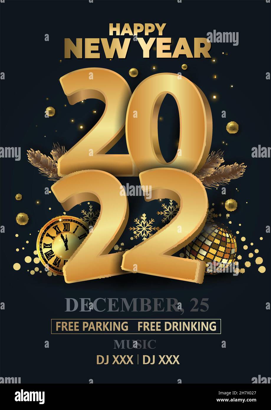 felice anno nuovo 2022. Sfondo scuro scritta in oro. Banner verticale, poster, sito web di intestazione. Disegno vettoriale Illustrazione Vettoriale