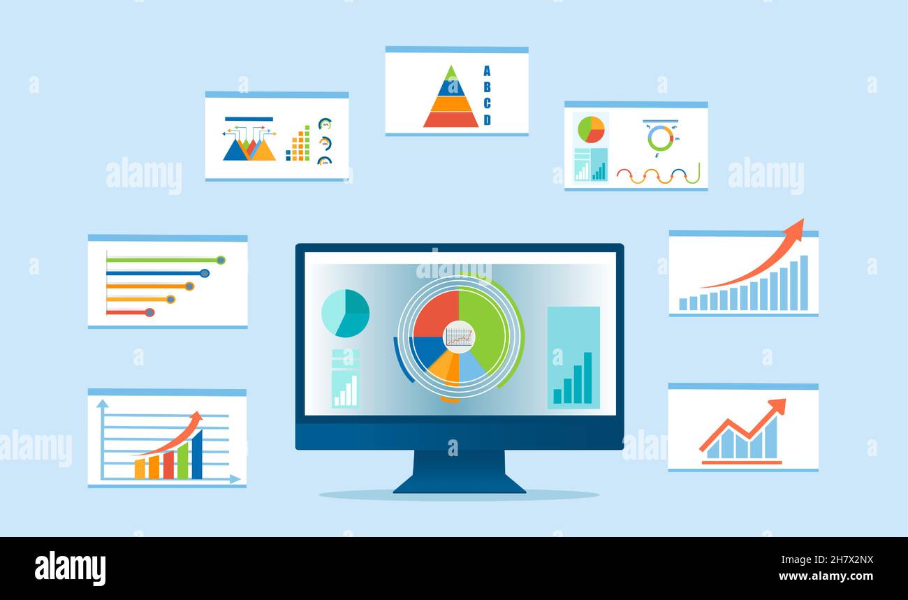 Vettore di un computer desktop con più grafici finanziari, diagrammi e grafici Illustrazione Vettoriale