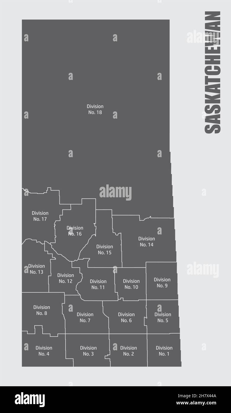 Mappa amministrativa della provincia di Saskatchewan, Canada. Mappa isolata con etichette. Illustrazione Vettoriale