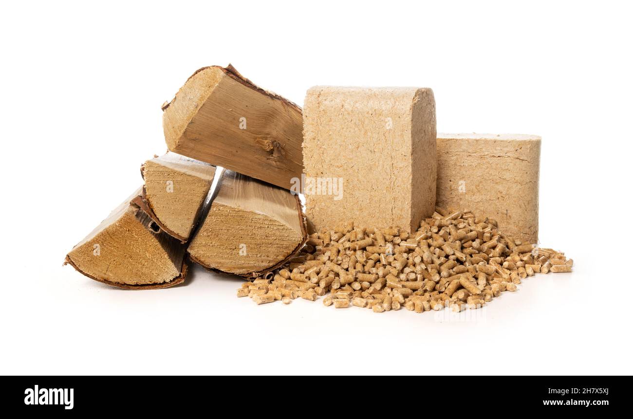 riscaldamento a biomassa - pellets di legno, bricchetti e legna da ardere su sfondo bianco Foto Stock
